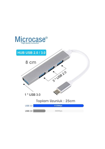 Microcase Type-C To Usb 3.0 4 Port Çoklayıcı Hub Aluminyum Slim K