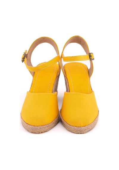 Gerçek Elişi Topuğu Açık Bilekten Bantlı Dolgu Topuk Keten Hasır Espadril Handmade Sarı