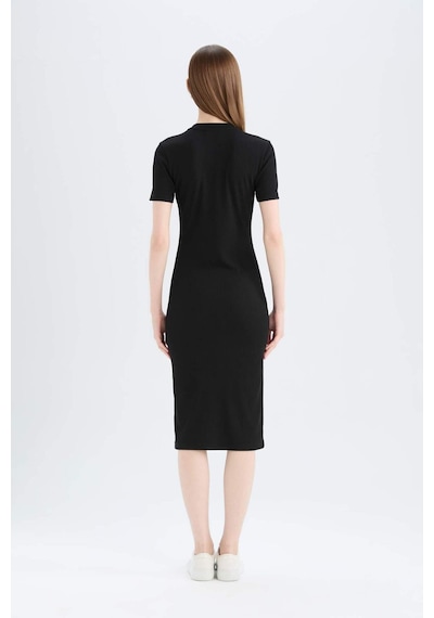 DeFacto Bodycon Vücudu Saran Bisiklet Yaka Basic Düz Fitilli Kaşkorse Kısa Kollu Midi Elbise E6926AX25SPBK81
