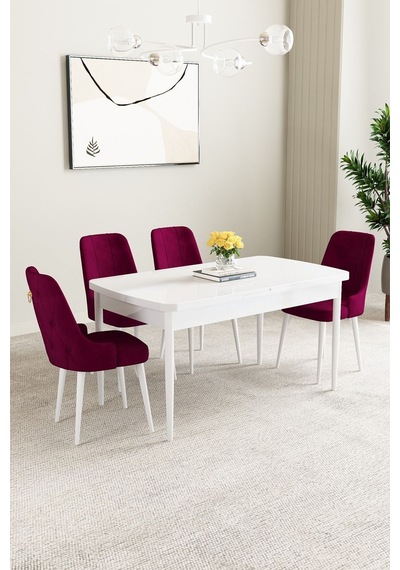 Mabel Beyaz 80x132 Açılabilir Yemek Odası Takımı 4 Adet Sandalye Lacivert