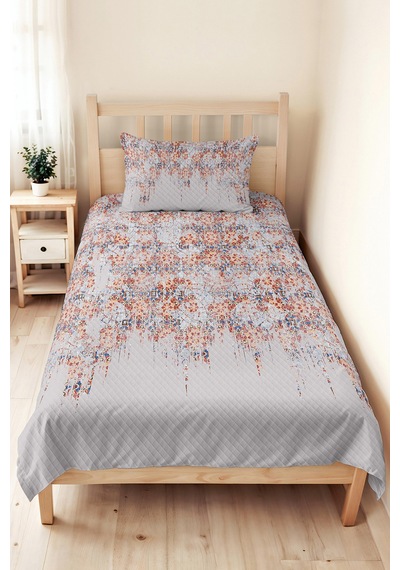 Etnik Modern Gri Genç Odası Tek Kişilik Pike Takımı - Mavi Turuncu 160x220 Cm Kapitone Yatak Örtüsü Masalsı Masal Kokusu