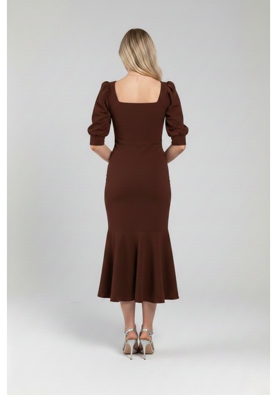 Defymoda Kadın Balık Model Cazibeli Elbise Kahverengi
