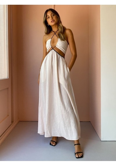 Fashion Cocktail Kontrast Şeritli Göğüsten Boyundan Bağlamalı Cepli Salaş Tasarım Uzun Maxi Keten Harman Elbise Bej Fashion Cocktail Kontrast Şeritli Göğüsten Boyundan Bağlamalı Cepli Salaş Tasarım Uzun Maxi Keten Harman Elbise Bej