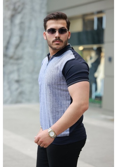 Butik İstanbul Erkek Fermuar Yakalı Çizgili Kısa Kollu Tişört Siyah - Gri