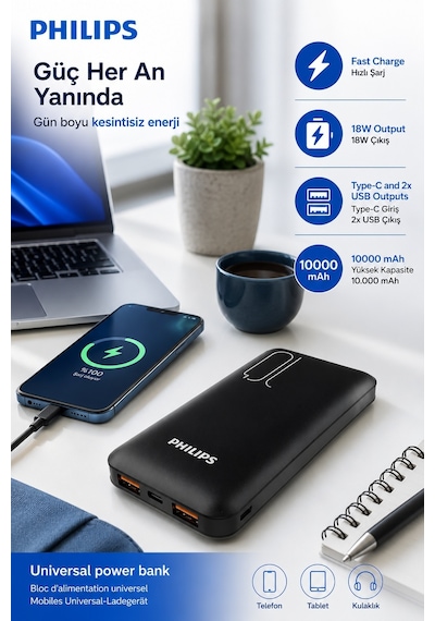 Philips DLP6812CB/69 10.000 mAh QC 3.0 Type-C - 2x USB-A Powerbank Siyah