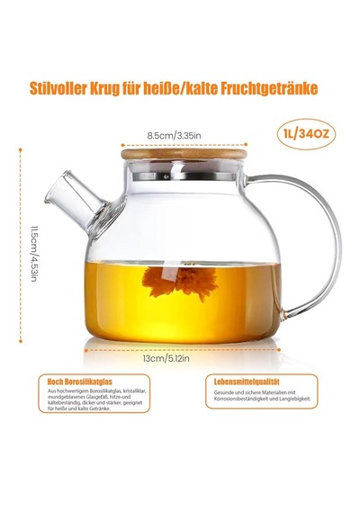 1000 Ml Bambu Kapaklı Isıya Dayanıklı Cam Demlik Cam Sürahi Şeffaf