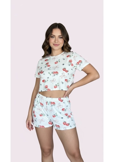 Merlot T-shirt Şort Örme Pijama Takımı Beyaz