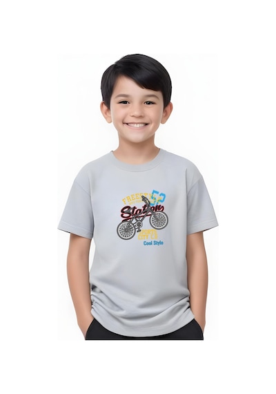 Fyk Kids Erkek Çocuk Yuvarlak Yaka Bisiklet 52 Erkek Baskılı T-shirt Gri