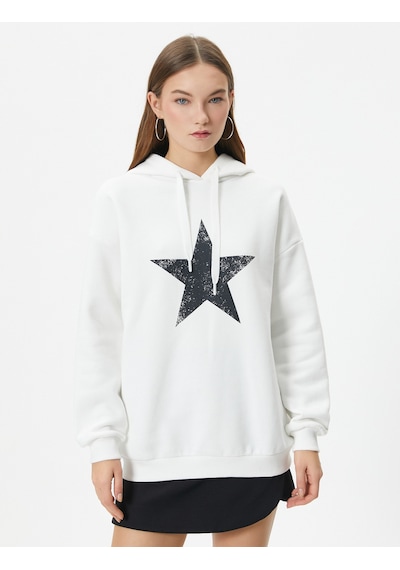 Koton Rahat Kalıp Arkası Baskılı Şardonlu Kapüşonlu Sweatshirt Ekru 7wal10048ık