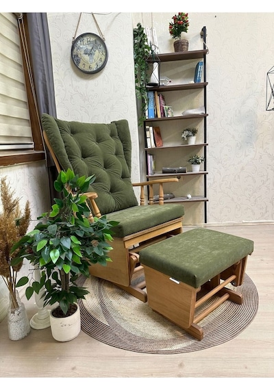 Asedia Mama Puflu Naturel Yeşil Minderli Sallanan Emzirme Koltuğu