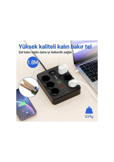 Termal Akım Korumalı 3000w 6 Lı Priz 2m Kablo 5 Usb + 1 Type-c Pd Hızlı Şarj - 936827116