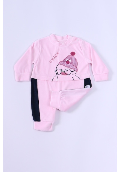 Hçm Bebek Kadife Tulum Uzun Kollu Çıtçıtlı Baskılı D5 Toz Pembe