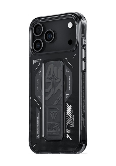 Apple Uyumlu iPhone 17 Pro Kılıf M-safe Teknoloji Desenli Skinarma Helio Mag Charge Standlı Kapak Füme Füme