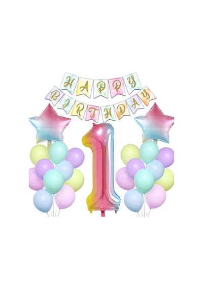 Gökkuşağı Konsepti 1 Yaş Doğum Günü Parti Kutlama Seti; Rakam ve Yıldız Folyo, Banner ve Makaron Balon