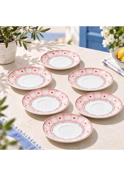 Tr 6'li Porselen Çay Tabağı Seti, Pembe Ekose Kalp Desenli Diğer