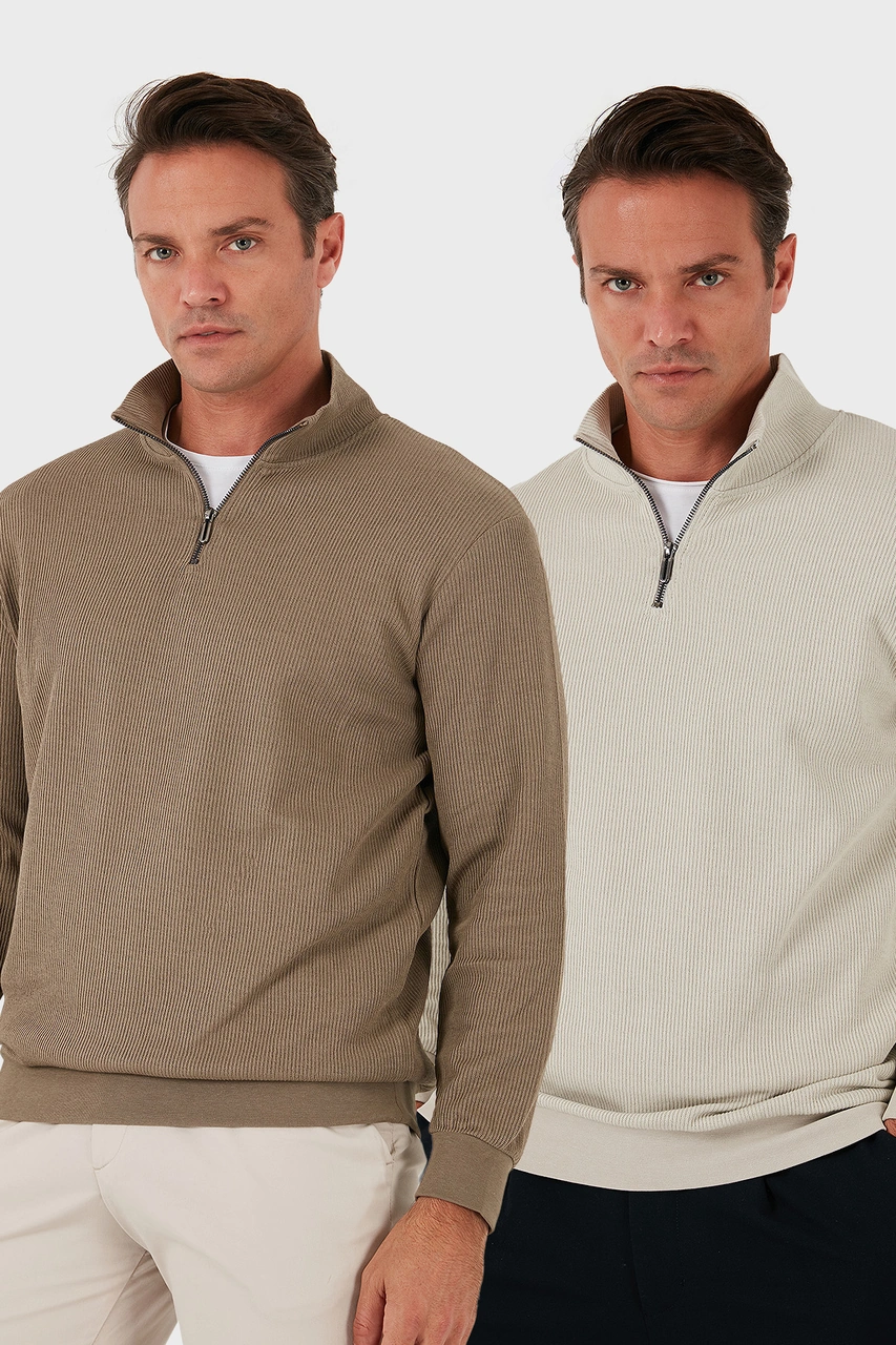 Buratti Pamuklu Regular Fit Yarım Fermuarlı Dik Yaka 2'Li Paket Erkek Sweat 5905716S2 Koyu Vizon-Taş