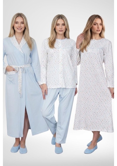 Mecit Pijama Mecit 6386 Mavi Büyük Beden Kadın Sabahlık Pijama Gecelik Set
