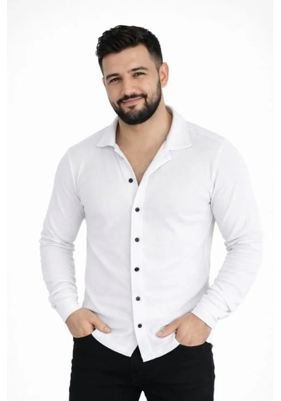Suma Erkek Waffle Kumaş Uzun Kollu Düğmeli Açık Yaka Regular Fit Gömlek - Beyaz Suma Erkek Waffle Kumaş Uzun Kollu Düğmeli Açık Yaka Regular Fit Gömlek - Beyaz