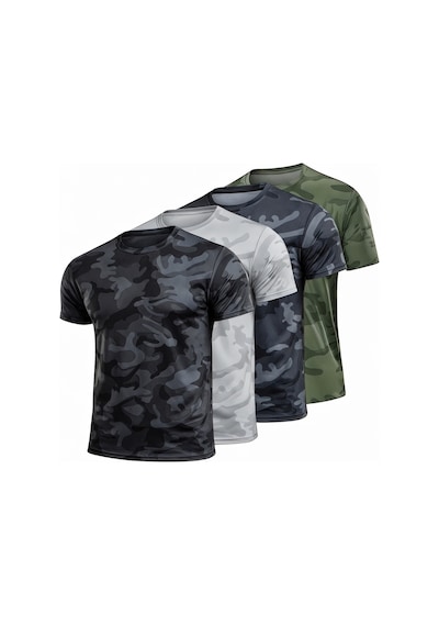 Serablanka 4'lü Erkek Nem Emici Hızlı Kuruma Atletik Teknik Kamuflaj Desenli Spor T-shirt Siyah-gri-lacivert-haki