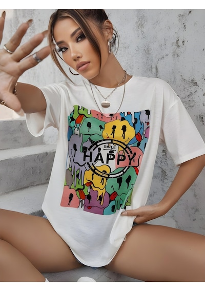 Startmore Happy Baskılı Tişört Beyaz