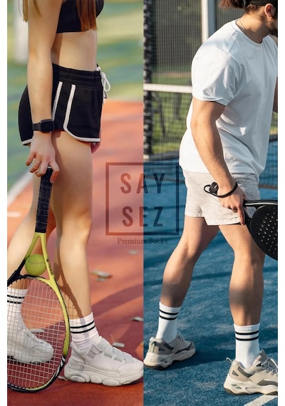 Saysez Bambu Unisex Tenis Kolej Çizgili Siyah-beyaz-kırmızı Premium Dikişsiz Soket Çorap 3'lü Paket Siyah