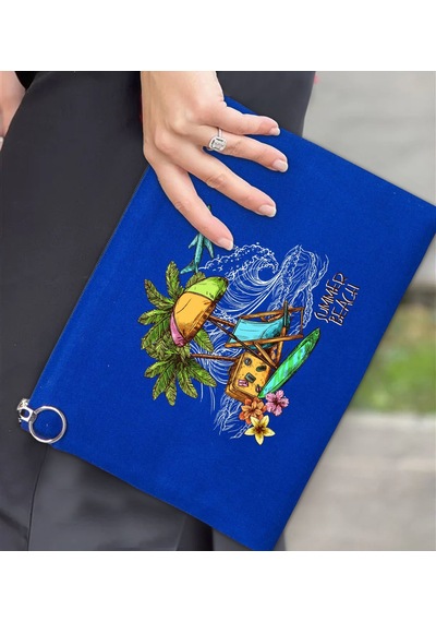 Bk Gift Yaz Temalı-9 Astarlı Mavi Portföy Çanta 30x21cm, Baskılı El Çantası, Organizer Çanta