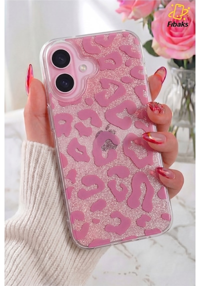 Fibaks iPhone 16 Uyumlu Kılıf Işıltılı Şeffaf Simli Pembe Leopar Desenli Premium Kamera Korumalı Silikon