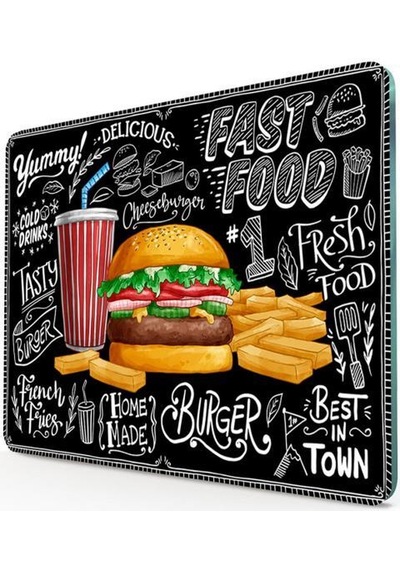 20X30 Cm Fast Food Desenli Cam Kesme Tablası