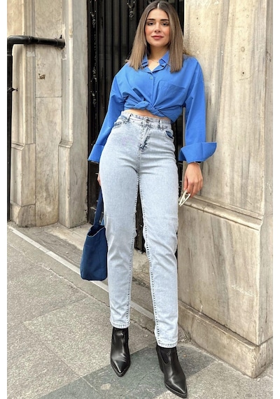 WeShaya Kadın Açık Mavi Yüksek Bel, Rahat Kesim, Boru Paça, Skinny Kot Pantolon - Jeans Açık Mavi