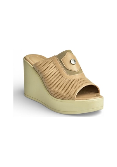 Fox Shoes Y555250703 Bej Hakiki Deri Dolgu Topuklu Kadın Terlik Bej