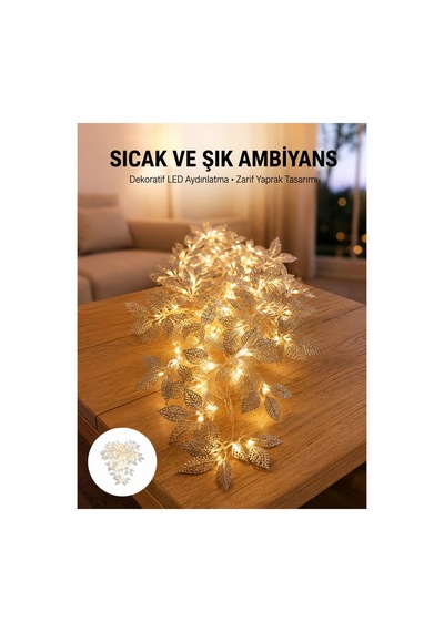 Gümüş Yaprak Tasarımlı Led Işık Pilli Ev Ve Vitrin Dekoru - Hs08377644-4562 Renkli Renkli