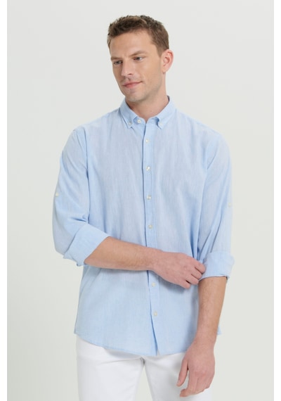 AC&Co / Altınyıldız Classics Erkek Acık Mavı Comfort Fit Rahat Kesim Düğmeli Yaka Casual Keten Gömlek Acık Mavı Açık Mavi