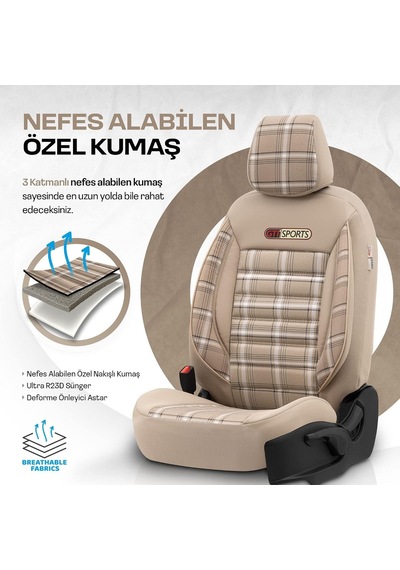 Gti Sports Design Oto Koltuk Kılıfı Ekstra Destekli Özel Jacquard Kumaş Tam Set - Bej
