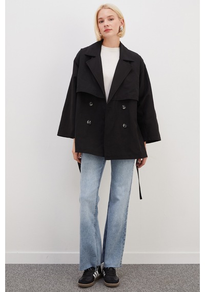 Fullamoda Pelerinli Kuşaklı Geniş Kol Oversize Trençkot Siyah