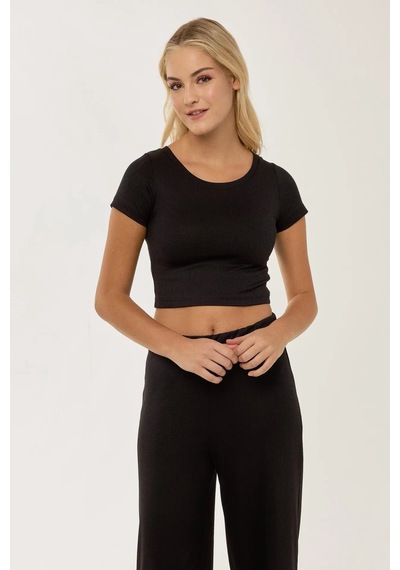 Hiccup Örme Crop Bluz & Lastikli Pantolon Takım Siyah
