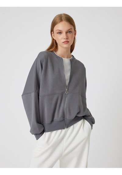 Koton Oversize Fermuarlı Sweatshirt Dikiş Detaylı Bisiklet Yaka Gri 5wal10014ık Gri