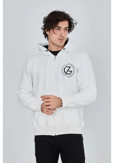 Freedom Storee Erkek 3 İplik Pamuklu Fermuarlı Kapüşonlu Kanguru Cepli Baskılı Hoodie Hırka Sweatshirt - Beyaz Çok Renkli