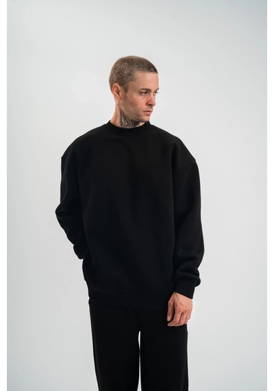 Erkek Uzun Kol Bisiklet Yaka 3 İplik Pamuklu Kışlık Sweatshirt - Siyah Siyah