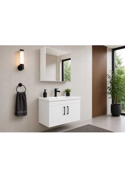 Modern Luna 65 cm Beyaz MDF Banyo Dolabı Takımı Aynalı Üst Modül ve Seramik Lavabolu