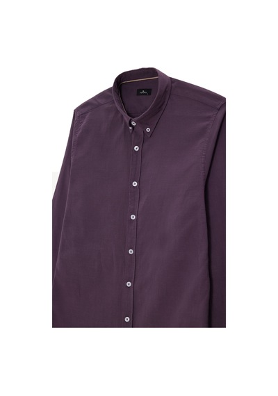 Tudors Erkek Slim Fit Dar Kesim %100 Pamuk Düğmeli Yaka Flam Keten Mor Gömlek-50276