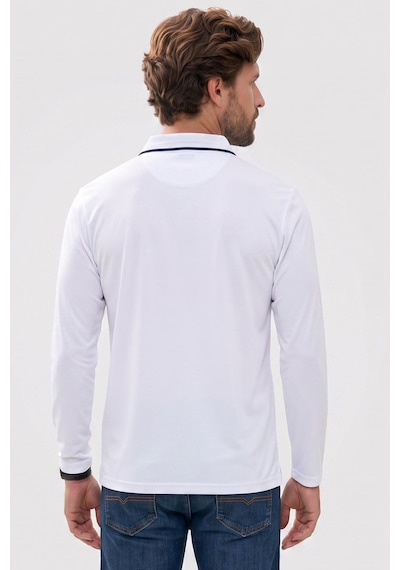 Tudors Erkek Slim Fit Dar Kesim %100 Pamuk Uzun Kollu Fermuarlı Beyaz Polo Yaka Tişört-52785
