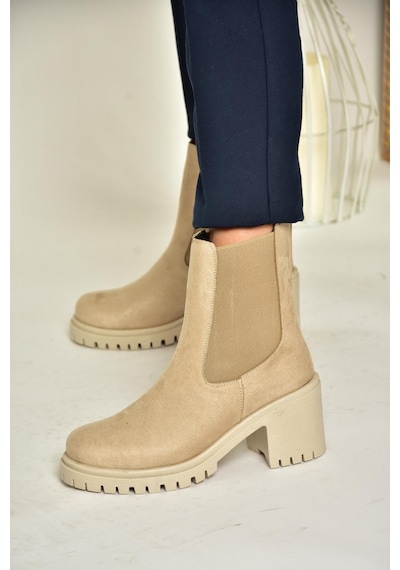 Fox Shoes T726981602 Bej Süet Lastikli Kalın Topuklu Kadın Bot Bej
