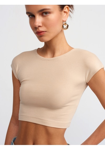 Dilvin Pamuk Ve Modal Karışımlı Crop Top Bej Açık Bej