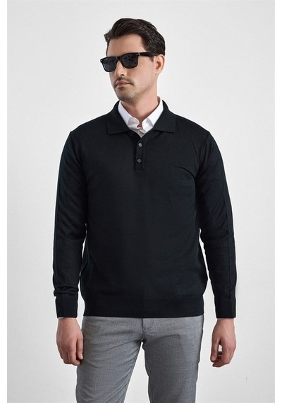 Süvari Siyah Regular Düz Fermuarlı Polo Yaka Kazak Tr2013700484-s09