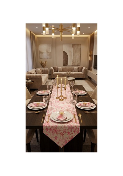 %100 Pamuk Simli Kumaş Pembe Desenli Üçgen Runner 40x110 Pembe - 890395106 Pembe
