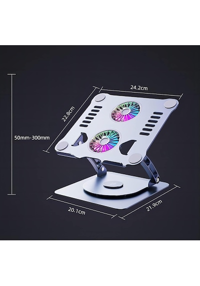 Metal Laptop Standı 360 Derece Dönebilir Rgb Çift Fanlı Premium Serisi Notebook Tutucu Alüminyum Macbook Yükseltici 11-17 İnç