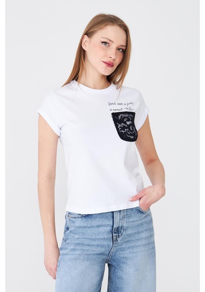 Sortie Collection Dantel Cepli Yazı Baskılı Katlama Kollu Tshirt Ekru Beyaz