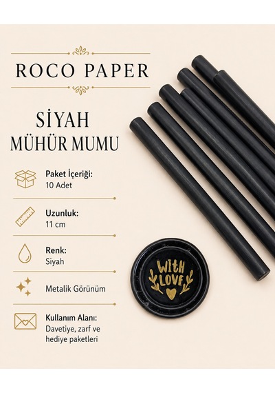 Siyah Silindir Mühür Mumu, 10 Adet - 11 Cm, Zarf Ve Davetiye Mühr Diğer