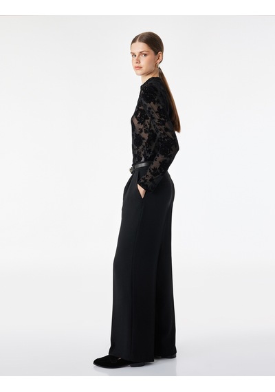 Koton Uzun Kollu Floral Dokulu Dik Qipao Yaka Tül Tişört Siyah Desenli 7wak10023uk