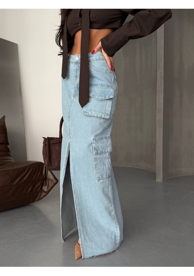 Ön Yırtmaçlı Cepli Uzun Denim Etek ÇoK Renkli